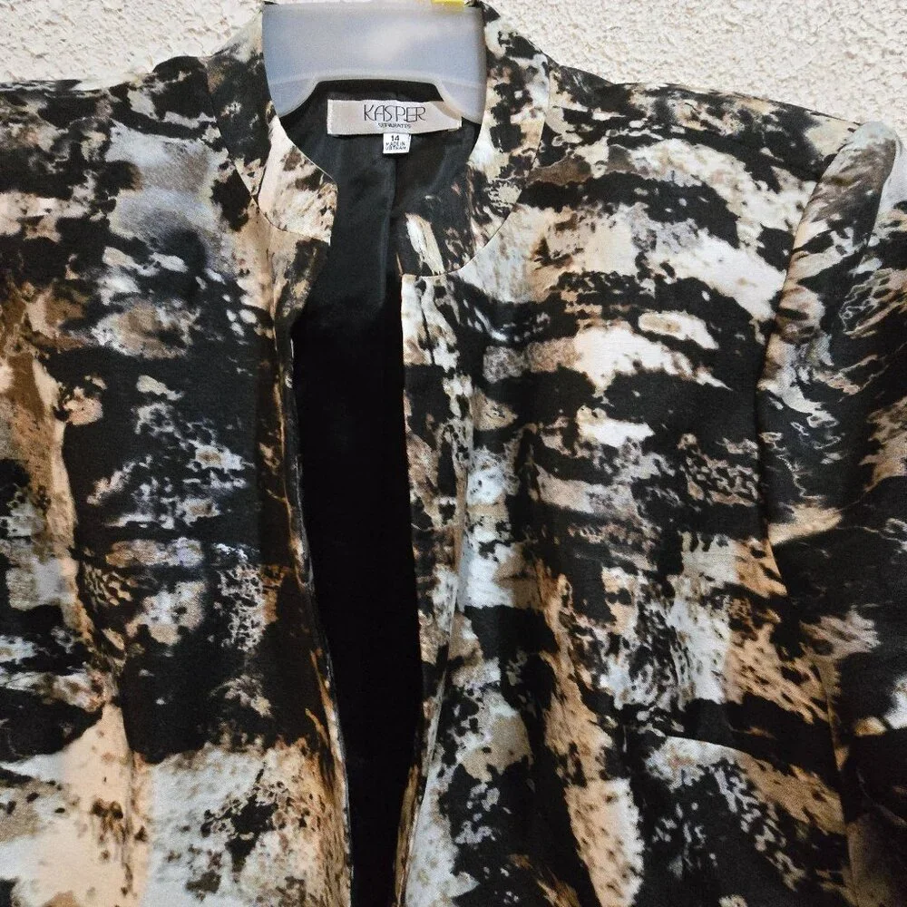 Kasper Womens Abstract Print Open‎ Front Blazer Jacket Size 14 Multicolor grunge